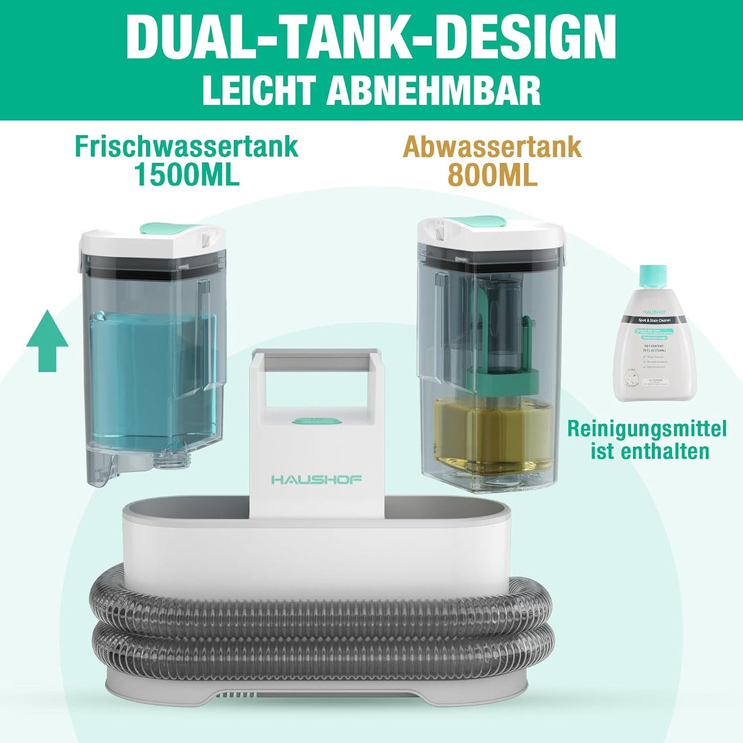HAUSHOF StainZapper Pro Waschsauger Teppichreiniger, 450W 12kPa Polsterreiniger 1,5+0,8L mit Reinigu