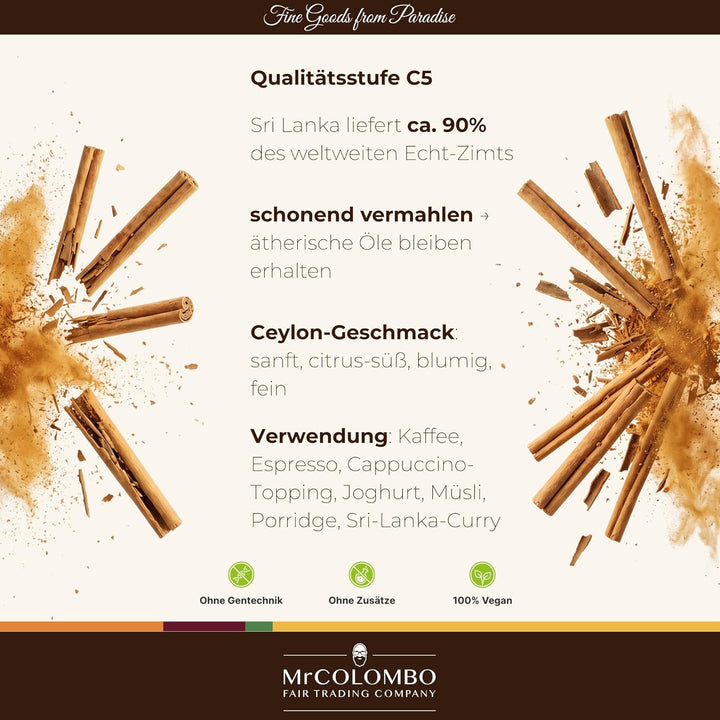 Ceylon Zimt Pulver 100g – C5 Premium Qualität, Direktimport aus Sri Lanka, Echter Zimt gemahlen, cum