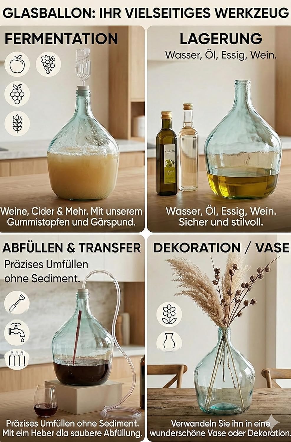 Weinballon + Gärröhrchen + Gummistopfen Gäreimer Glasballon Gärballon Glas (Weinballon SET) (5L), 5L