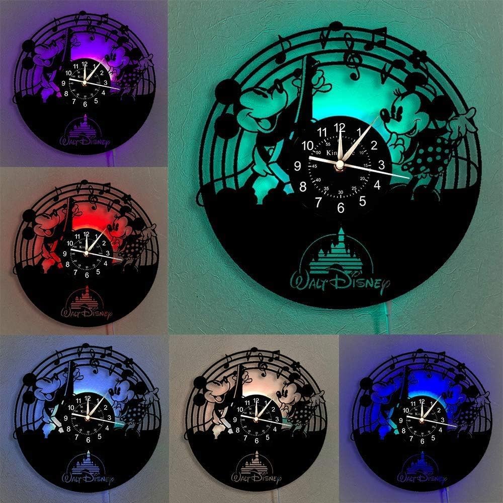 Smotly Vinyl-Wanduhr, Mickey Mouse Vintage Clock LED hängende Nachttischlampe 7 Farbe Wanduhr, Carto