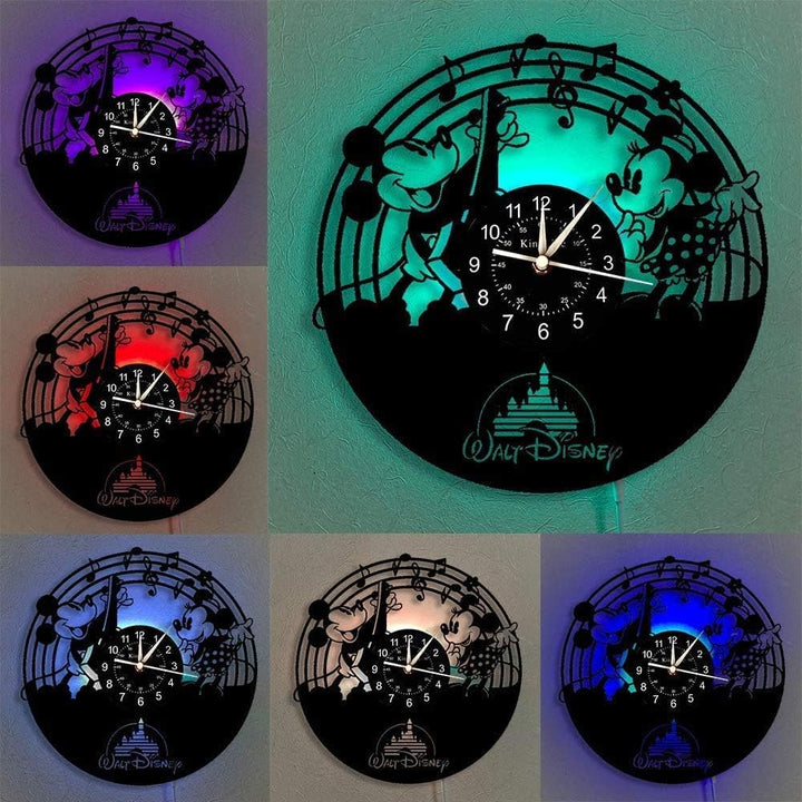 Smotly Vinyl-Wanduhr, Mickey Mouse Vintage Clock LED hängende Nachttischlampe 7 Farbe Wanduhr, Carto