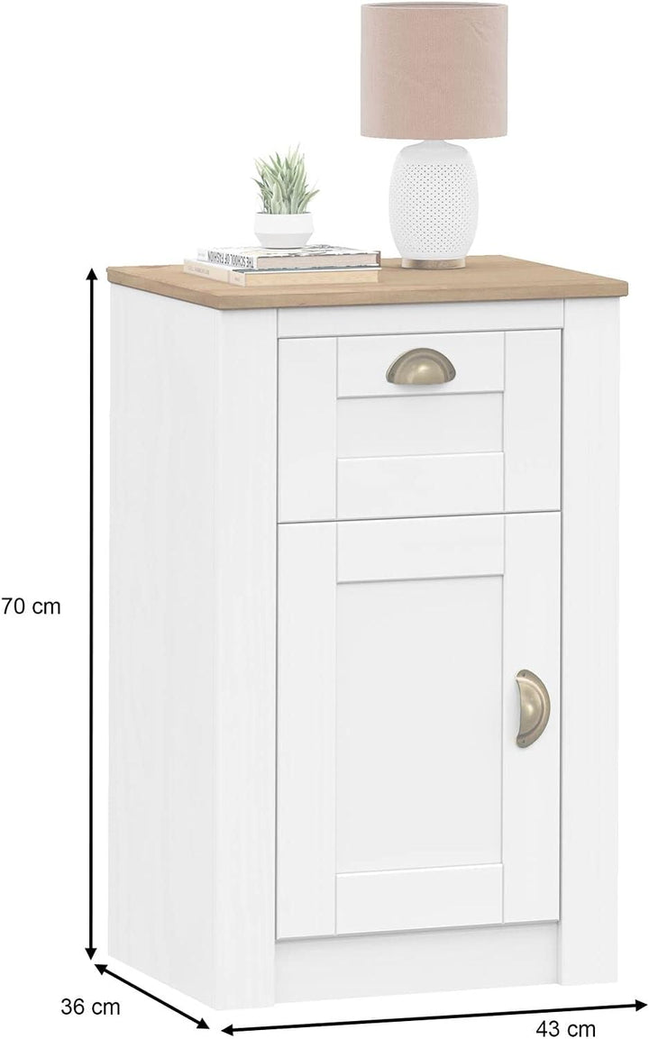 IDIMEX Nachttisch Bolton aus Holz in weiss/braun mit 1 Schublade und Tür Nachtkommode mit Muschelgri