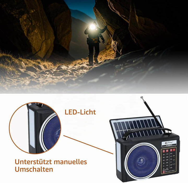 Tragbares Retro-Radio, kompaktes AM/FM/SW-Bluetooth-Radio mit Solarpanel, tragbare LED-Beleuchtung,