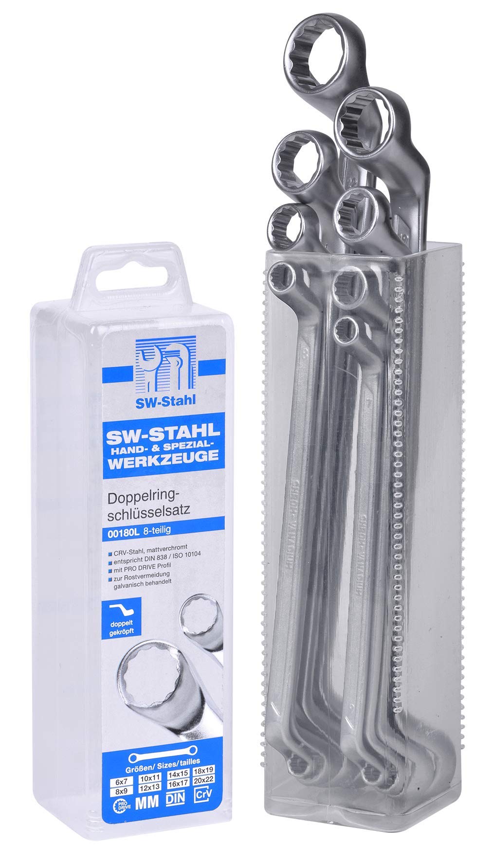 SW-Stahl 00180L Doppelringschlüssel-Satz 6-22 mm, 8-teilig tief gekröpft I Ringschraubenschlüssel I
