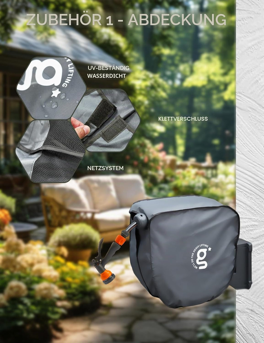 Giraffe Tools Gartenschlauchtrommel-Set mit Wasserhahn-Splitter und Abdeckung, einziehbarer 35 m Sch