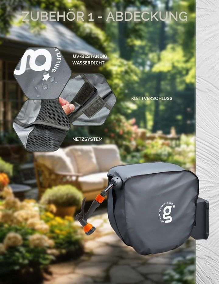 Giraffe Tools Gartenschlauchtrommel-Set mit Wasserhahn-Splitter und Abdeckung, einziehbarer 35 m Sch
