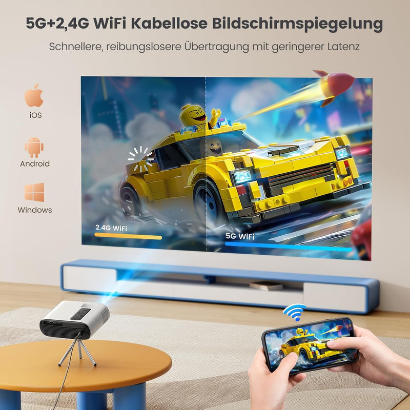 Mini Beamer Full HD 1080P Unterstützung,【Auto Keystone】WiFi Bluetooth Handy Klein Tragbarer Beamer H