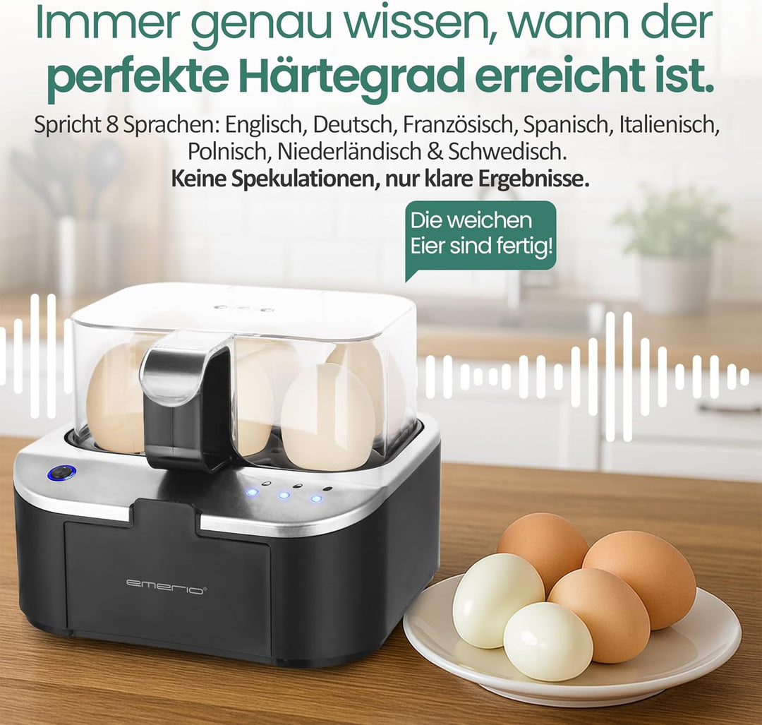 EMERIO sprechender Eierkocher SIEGER Preis/Leistung NEUHEIT kocht alle drei Garstufen [weich|mittel|