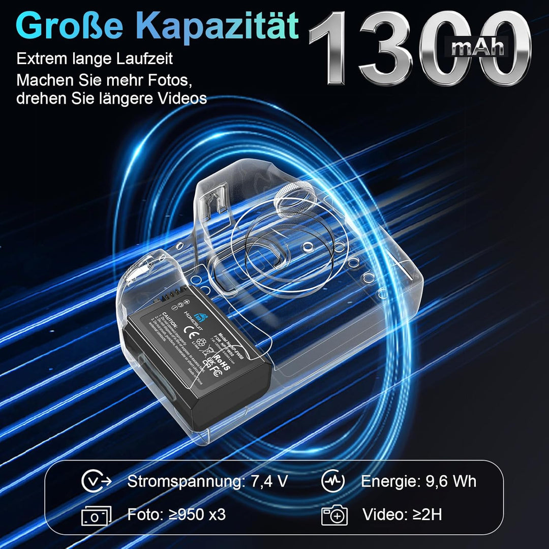 Homesuit NP-FW50 Akku 1300mAh und DREI Schlitze LCD Ladegerät Kit für Sony ZV-E10, Alpha A6000, A650