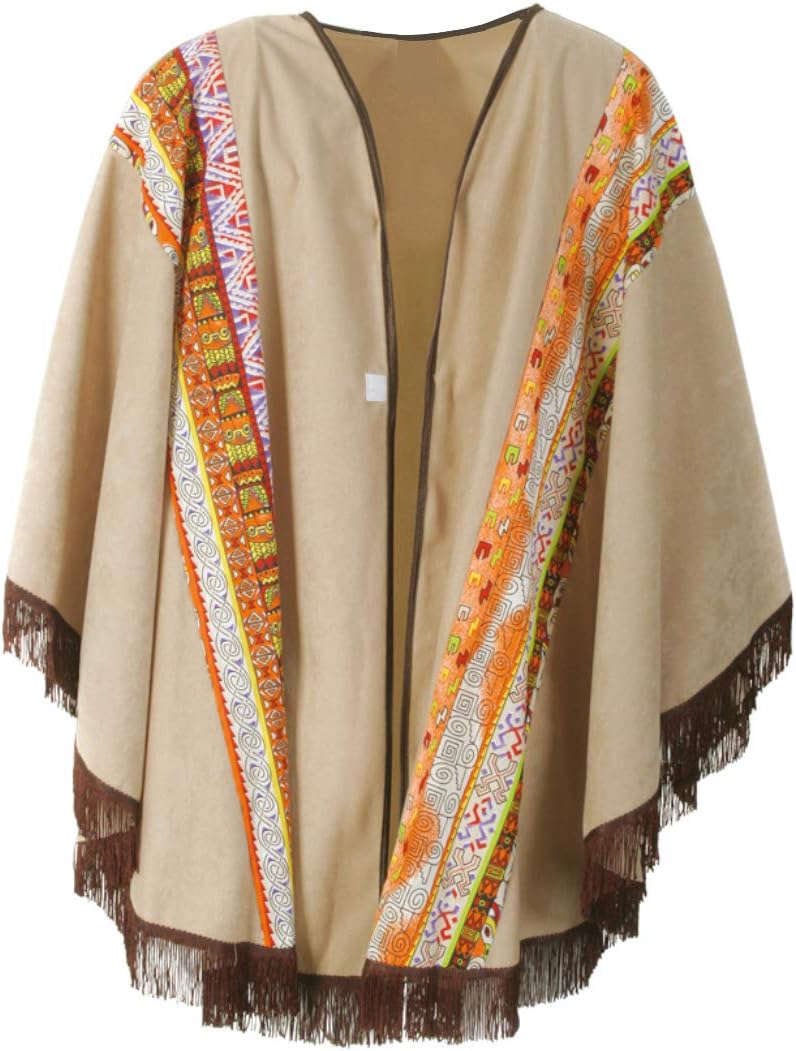 KarnevalsTeufel Erwachsenenkostüm Western Poncho in beige mit gemusterter Borte und braunen Fransen