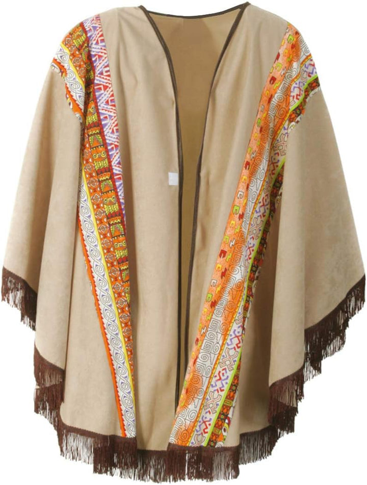 KarnevalsTeufel Erwachsenenkostüm Western Poncho in beige mit gemusterter Borte und braunen Fransen
