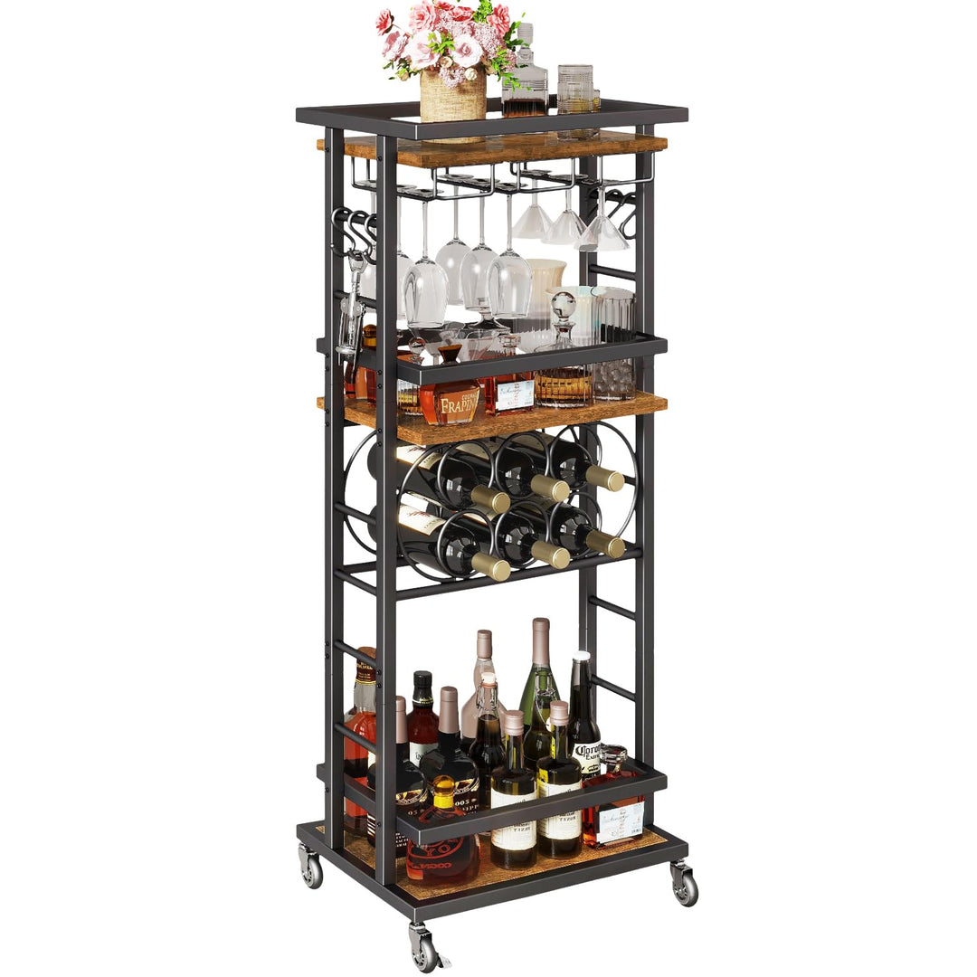 IBUYKE 4 Ebenen Weinregal mit Rollen,Freistehend Weinregal, Barwagen für Spirituosen, Whisky und Wei