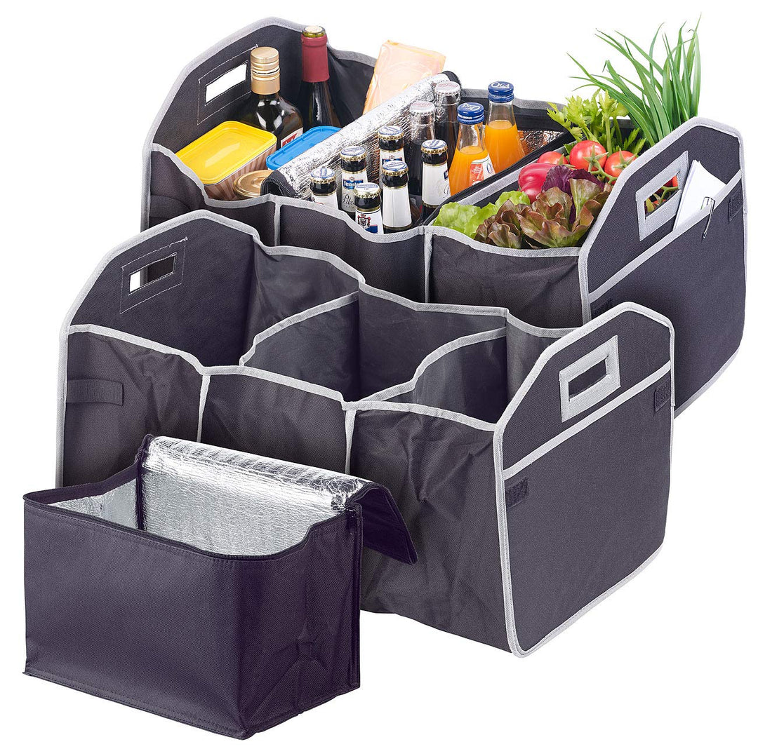 Lescars Kofferraumboxen: 2er-Set 2in1-Kofferraum-Organizer mit 3 Fächern & Kühltasche, faltbar (Car