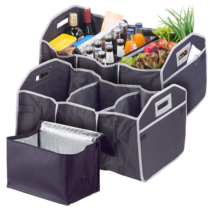 Lescars Kofferraumboxen: 2er-Set 2in1-Kofferraum-Organizer mit 3 Fächern & Kühltasche, faltbar (Car