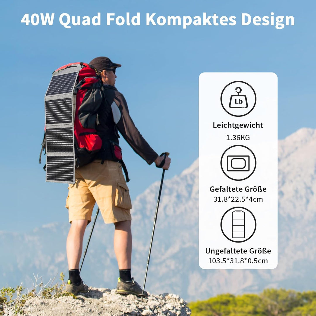 Faltbares Solarpanel 40W 19V Tragbares Solarladegerät mit USB C, USB A und DC Ausgängen, Mini-Ladege