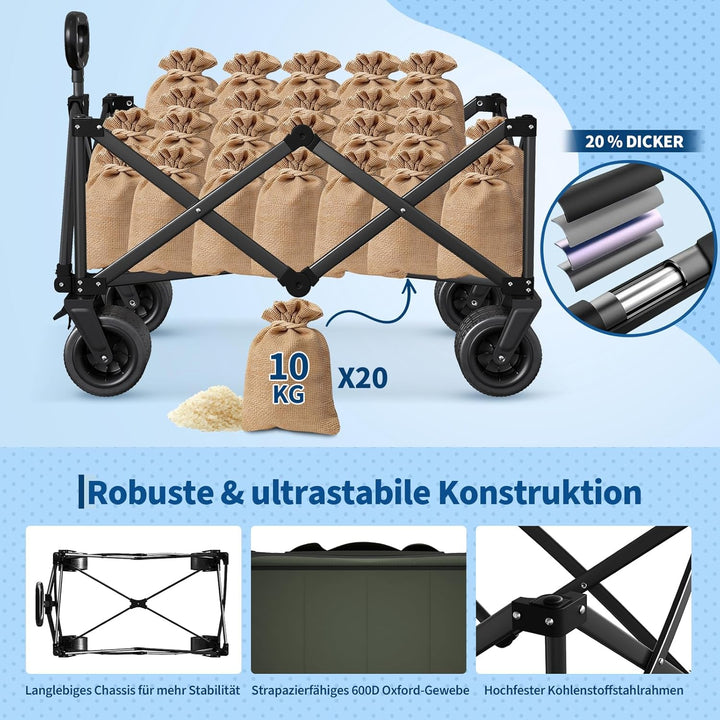 GarveeLife XXL Bollerwagen Faltbar, 200kg Belastbar &amp; 200L Volumen, Handwagen mit Bremsen &amp; 20cm Off
