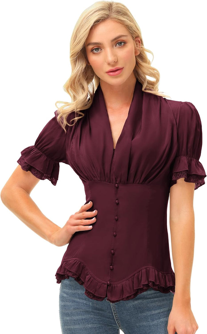 SCARLET DARKNESS Damen Rüschenbluse Mittelalter Spitzen Shirt Gothic Bluse | Kurzarm mit Rüsche, V-A