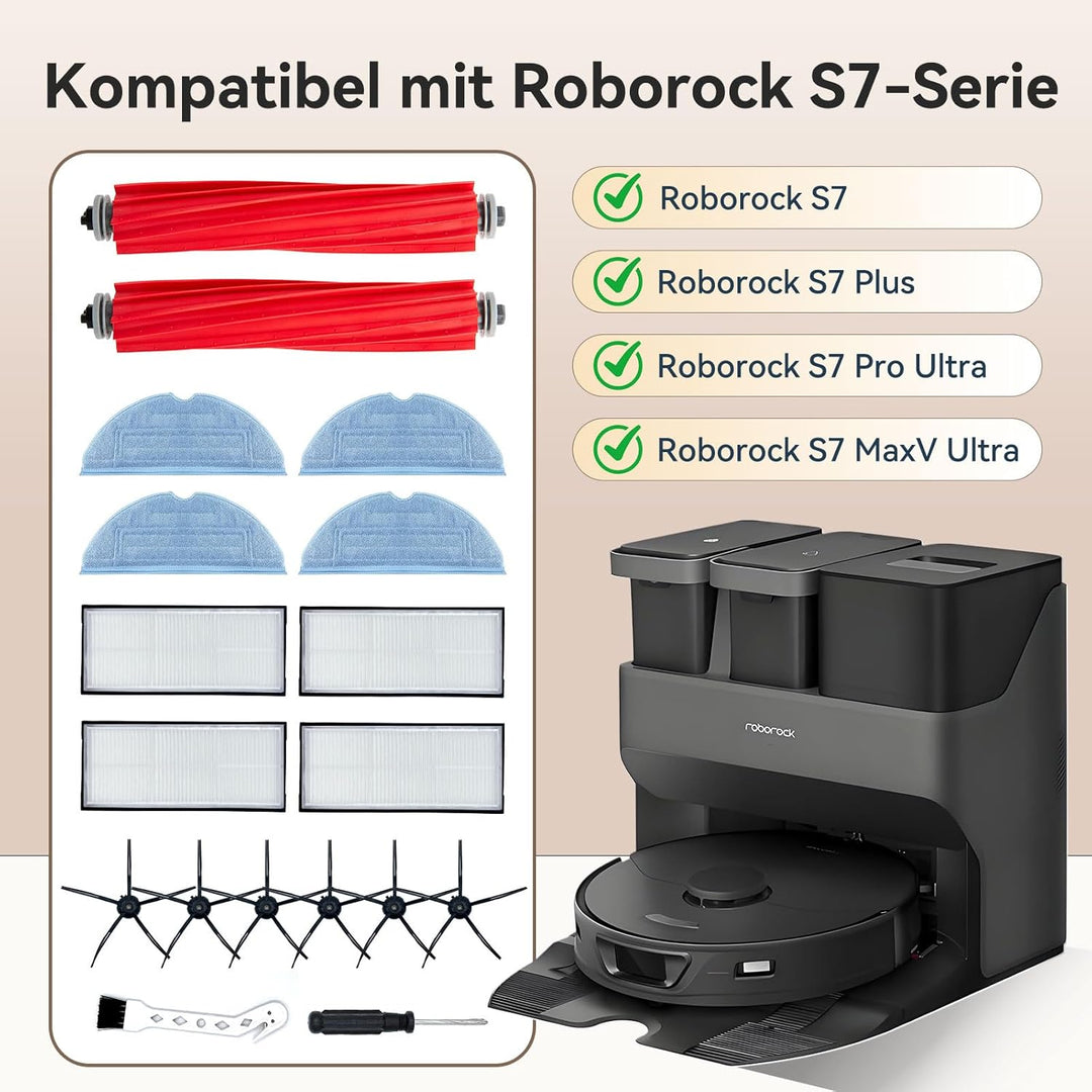 Zubehör für Roborock S7 MaxV Ultra/S7 Pro Ultra/S7/S7 Plus | 2 Hauptbürsten 4 HEPA-Filter 4 Wischtüc