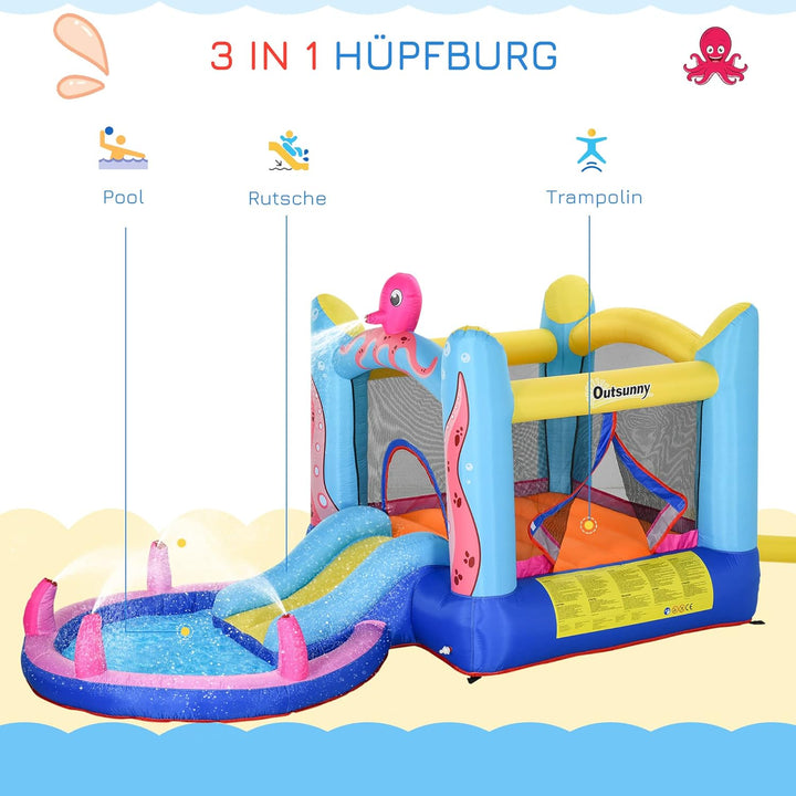 Outsunny Aufblasbare Hüpfburg mit Rutsche Springburg Spielburg Wasserpark für Kinder Trampolin aufbl