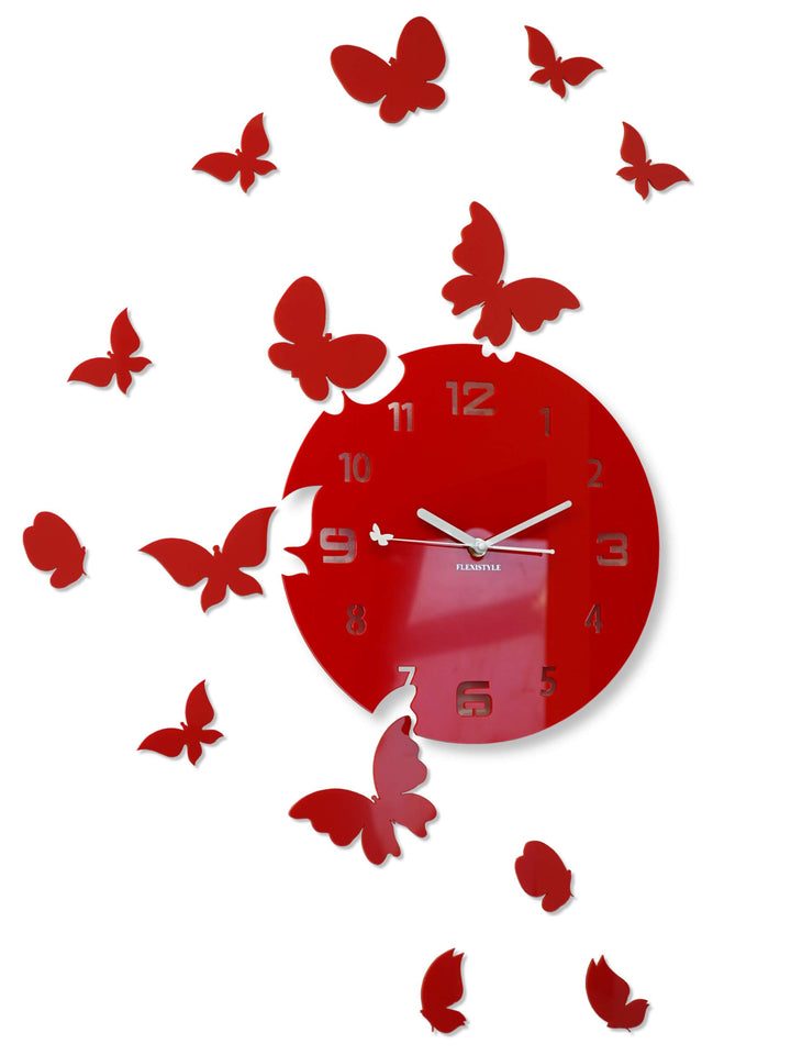 FLEXISTYLE Grosse Moderne Wanduhr Schmetterling rund 30cm, 15 Schmetterlinge, Wohnzimmer, Schlafzimm
