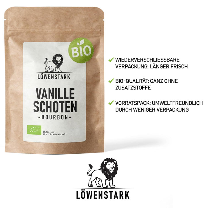 Löwenstark I BIO Vanille-Schoten Bourbon (13-15cm) I Vanille-Stangen aus Madagaskar in feinster Bio-