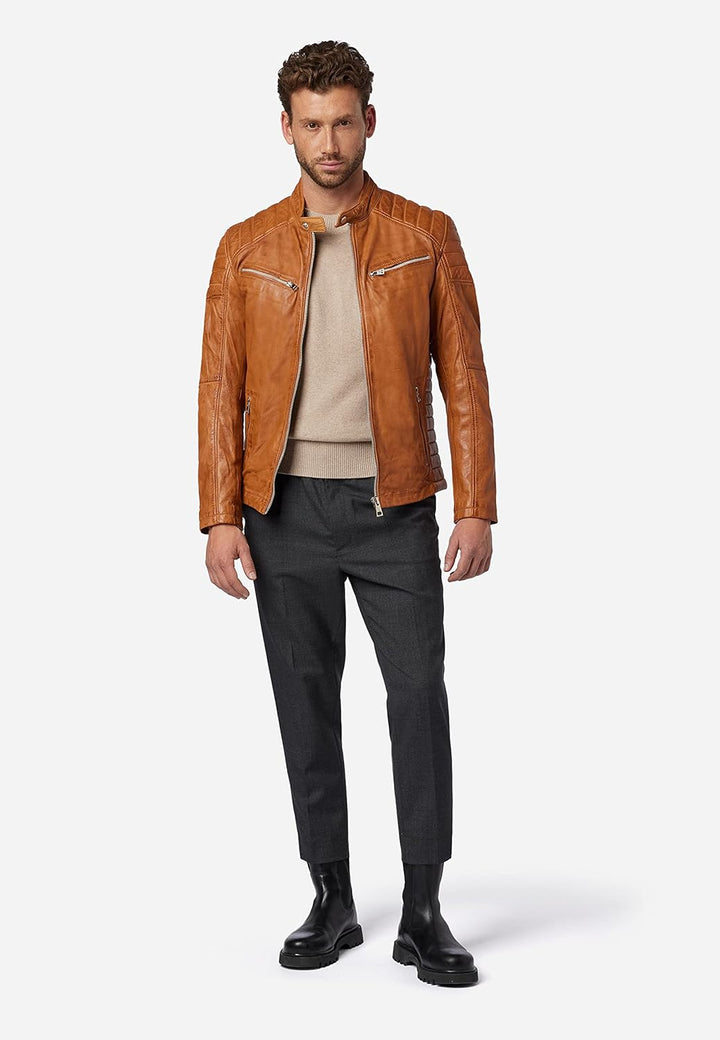 RICANO Cooper – Herren Biker Lederjacke (Slim Fit) - echtes Lamm Leder (XL, Cognac Braun)