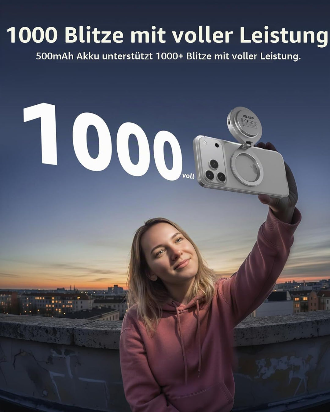 TELESIN 2-in-1 Magnetische Selfie- &amp; Blitzleuchte für iPhone, 5000 Lux MagSafe Ringlicht, 2500K–6500