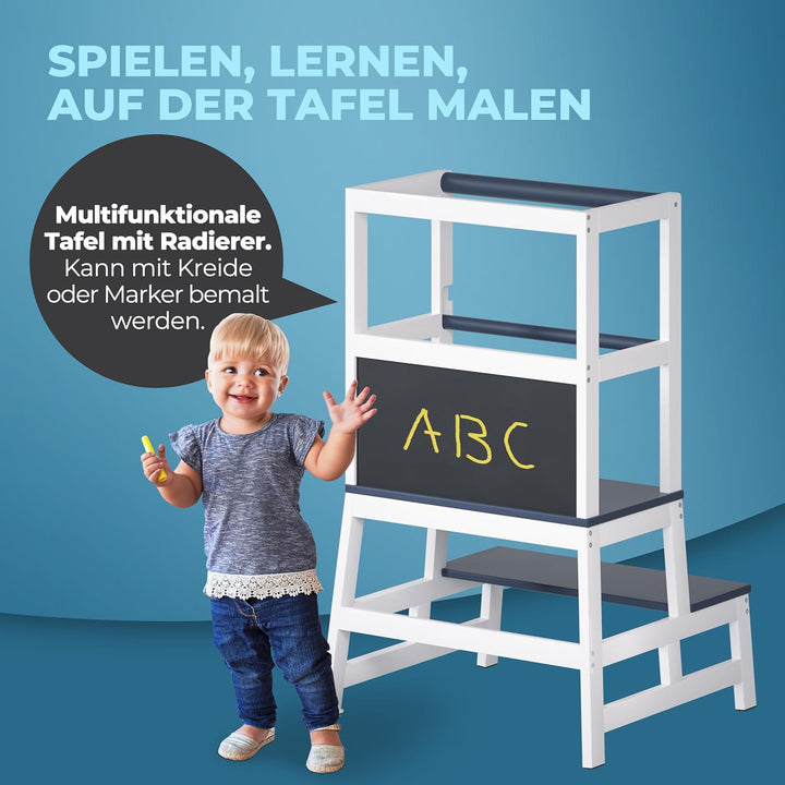 Spielwerk® Lernturm ab 2 Jahren Kinder mit Tafel Montessori 93cm Hoch Learning Tower 100kg Belastbar