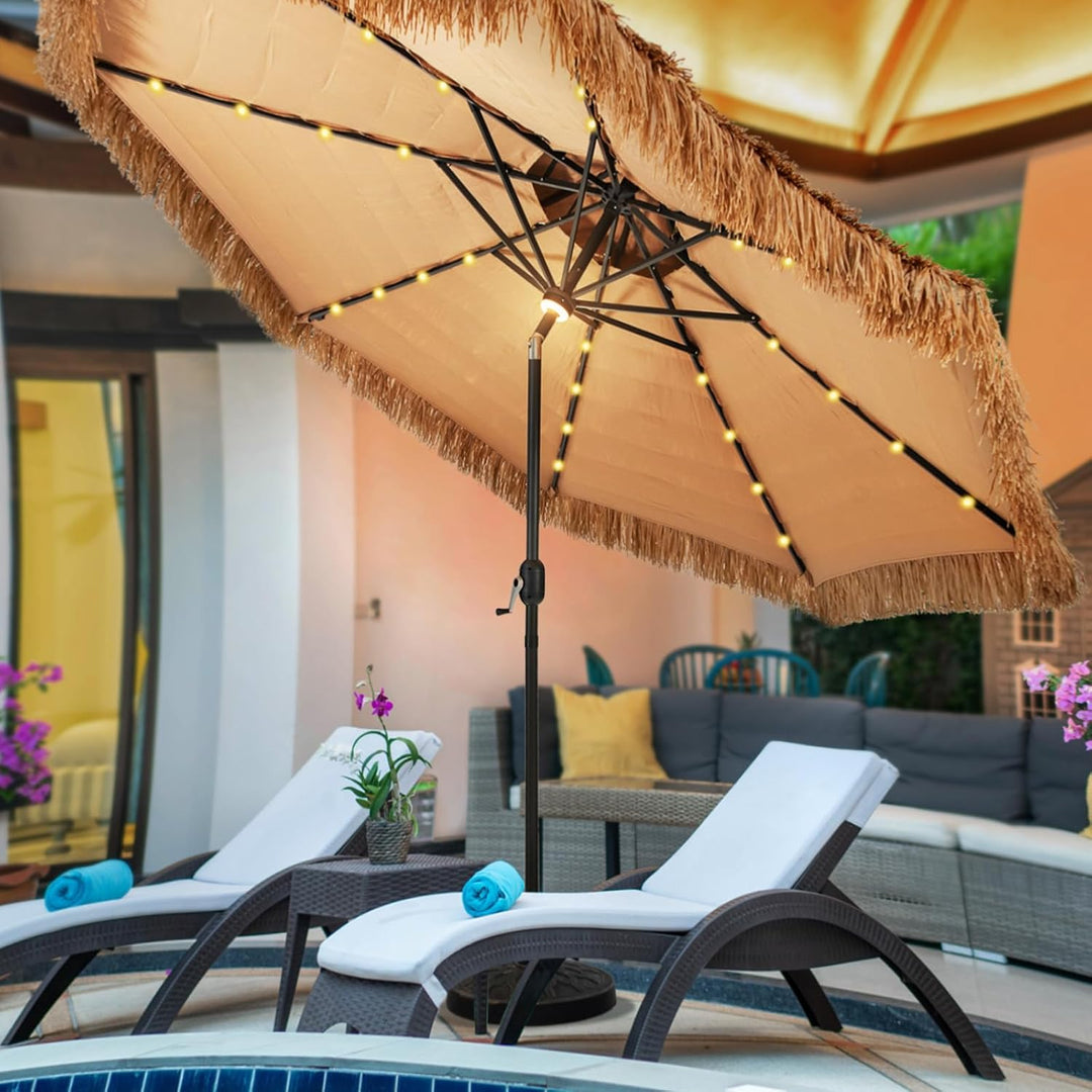 GOPLUS Sonnenschirm Hawaii, Ø 300 cm Strohschirm um 30° knickbar, Sonnenschirm Stroh mit LED Solar B