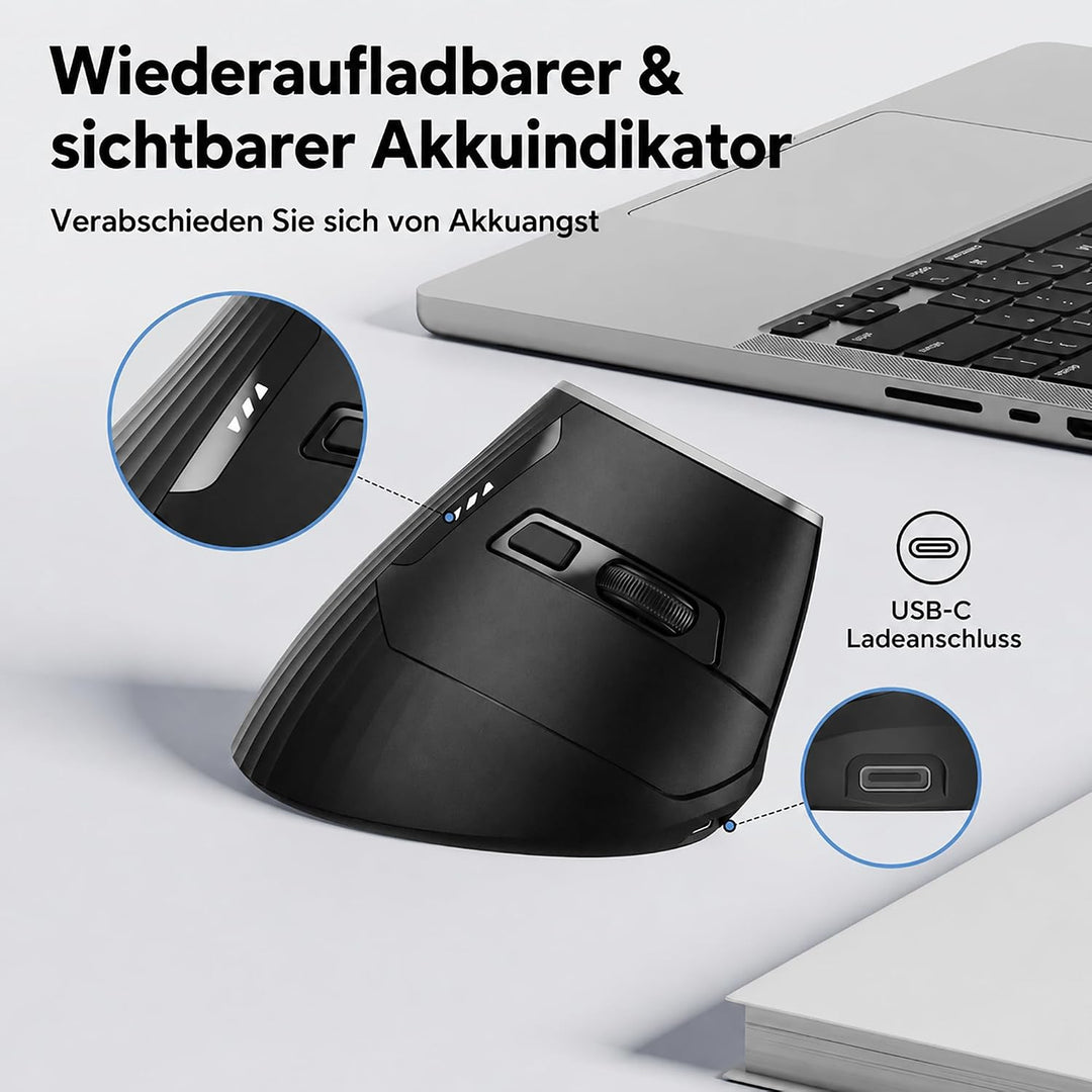 Ergonomische Maus Kabellos, 2,4GHz Vertikale Maus mit USB-Empfänger, Wiederaufladbar per USB-C, 4 DP