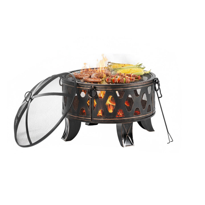 Relaxdays Feuerschale, Ø 66 cm, mit Grillrost, Funkenschutz & Schürhaken, Feuerstelle Garten, Feuerk