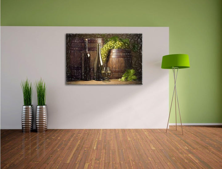 Pixxprint Fässer mit Weintrauben und Wein als Leinwandbild/Grösse: 100x70 cm/Wandbild/Kunstdruck/fer