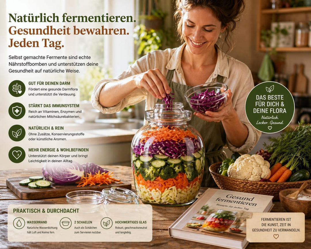 lilawelt24 2,5L Fermentationsglas mit Wasserverschluss und 2 Glasschalen, Gärglas für Kimchi, Sauerk