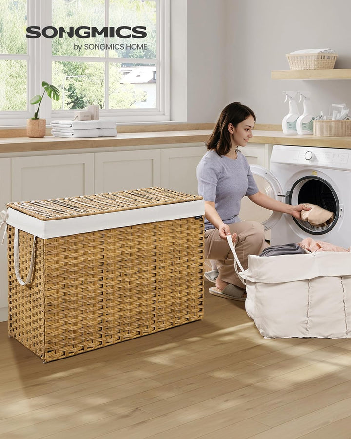 SONGMICS Wäschekorb 3 Fächern, Wäschesammler 200 L, Wäschebox aus synthetischem Rattan, mit Deckel u