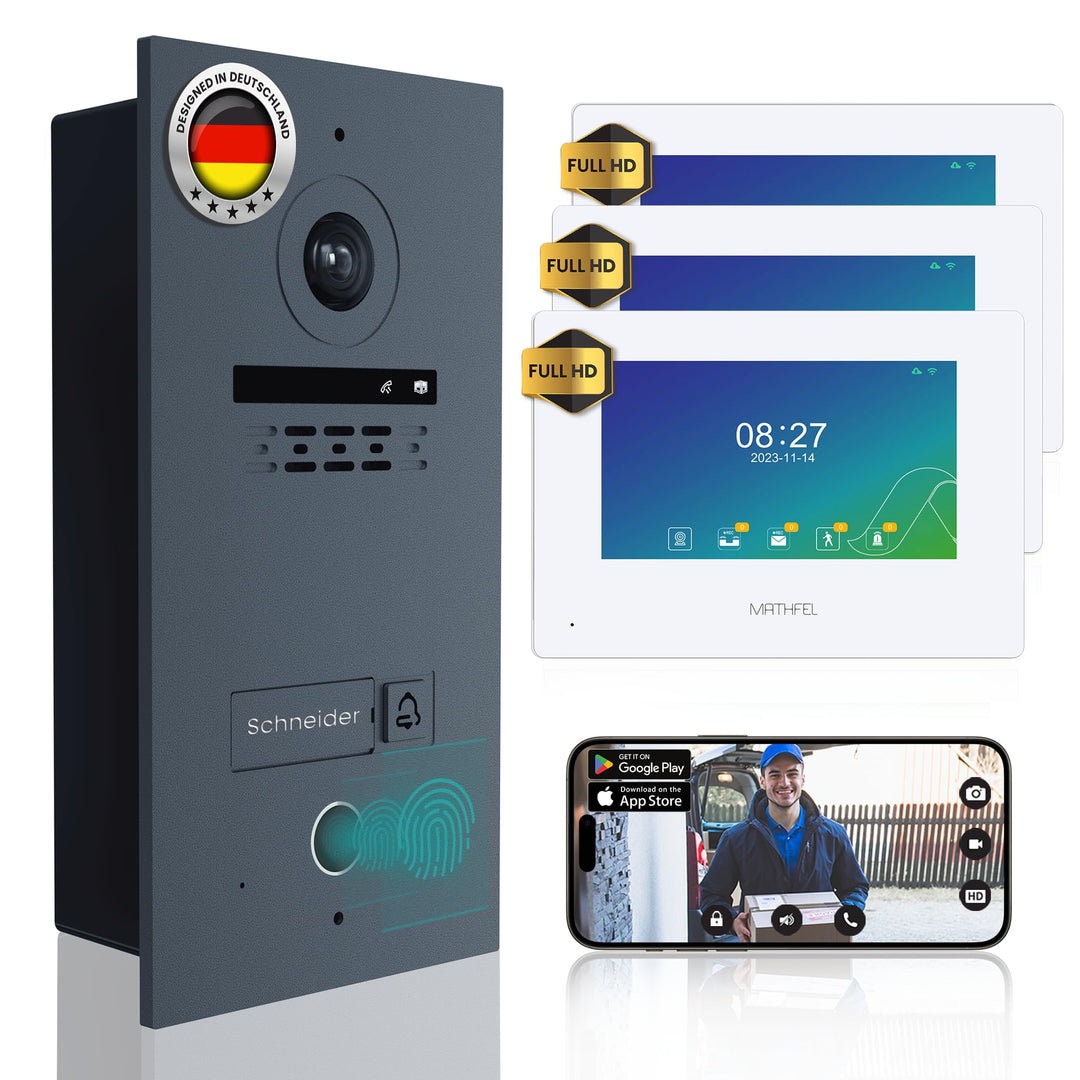 Mathfel 2 Draht Video Türsprechanlage 3-Familienhaus Fingerprint Full HD Fischaugenkamera 1080p mit