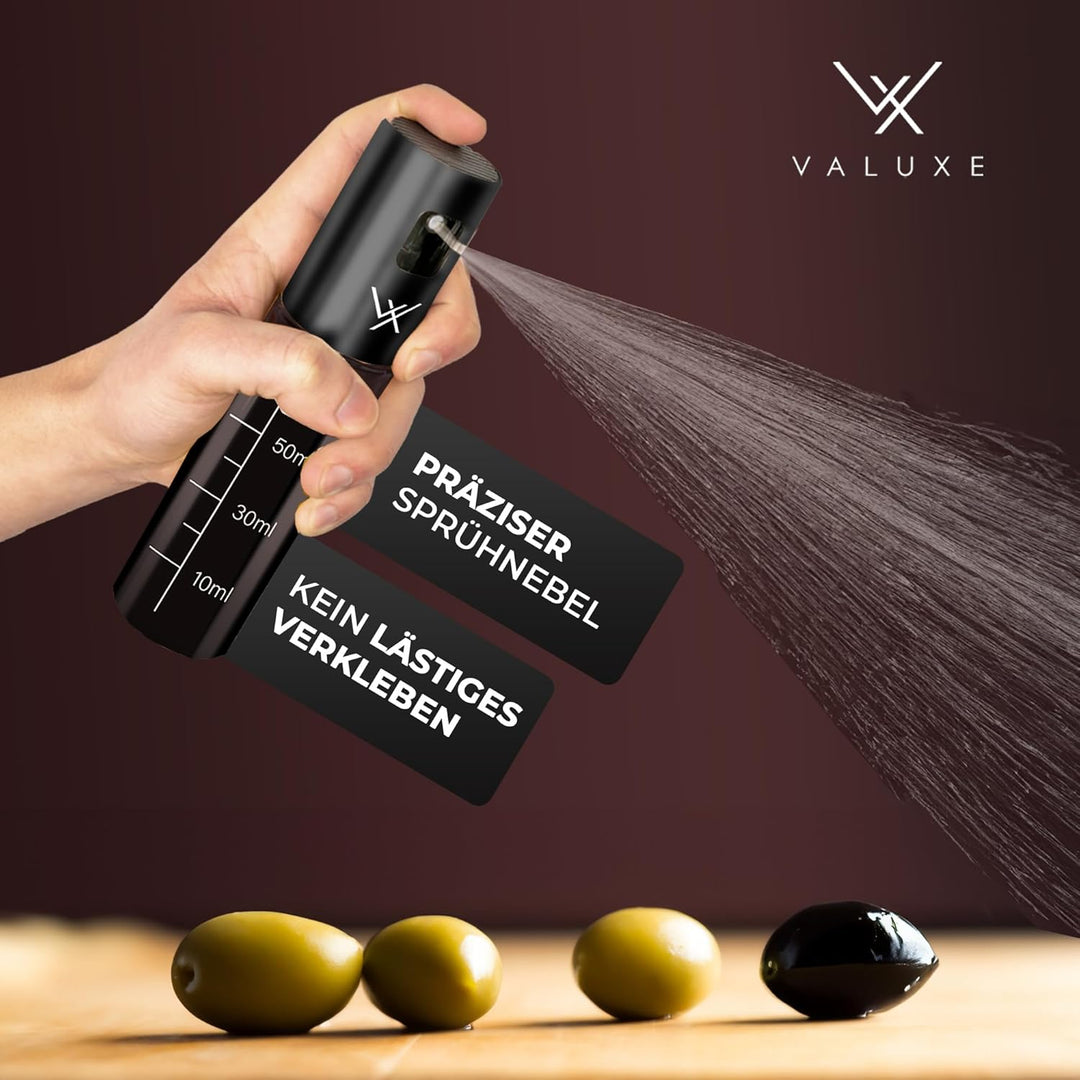 VALUXE® Ölsprüher für Speiseöl und Essig mit UV-Schutz Glas & Sprühfilter - Edelstahl Öl-Sprühflasch
