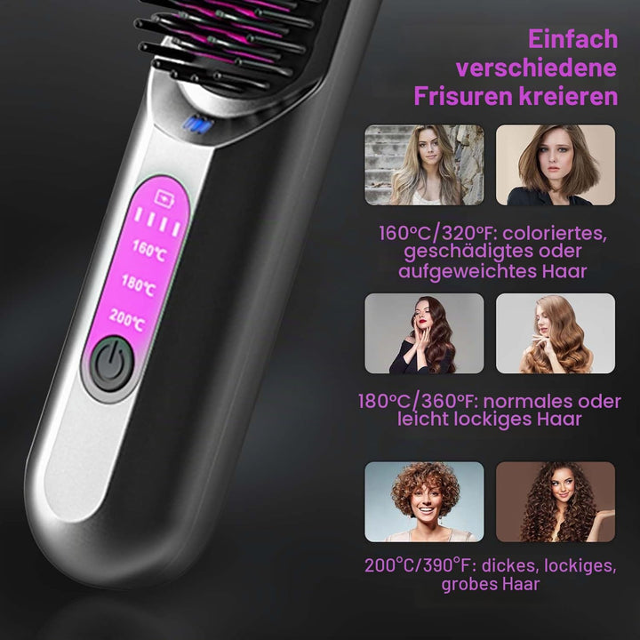 2-in-1 Glättbürste Kabellos, Haarbürste Elektrisch Damen, Stylingbürste für Kurze Langes Haare, Trag