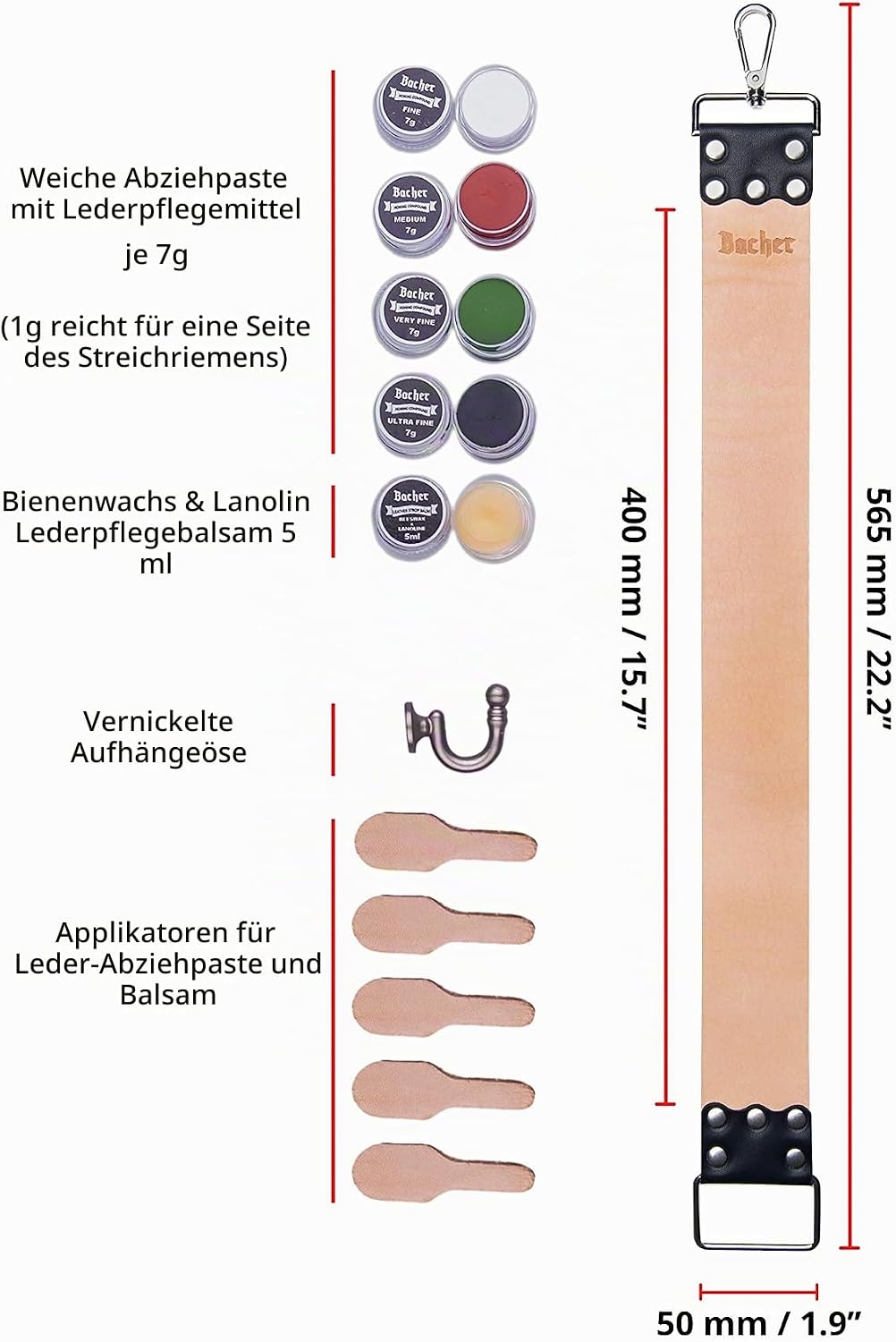 BACHER Premium Leder Streichriemen zum Schärfen von Rasiermesser Set mit Polierpaste für Abziehrieme