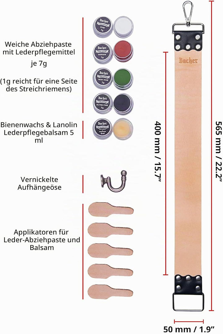 BACHER Premium Leder Streichriemen zum Schärfen von Rasiermesser Set mit Polierpaste für Abziehrieme
