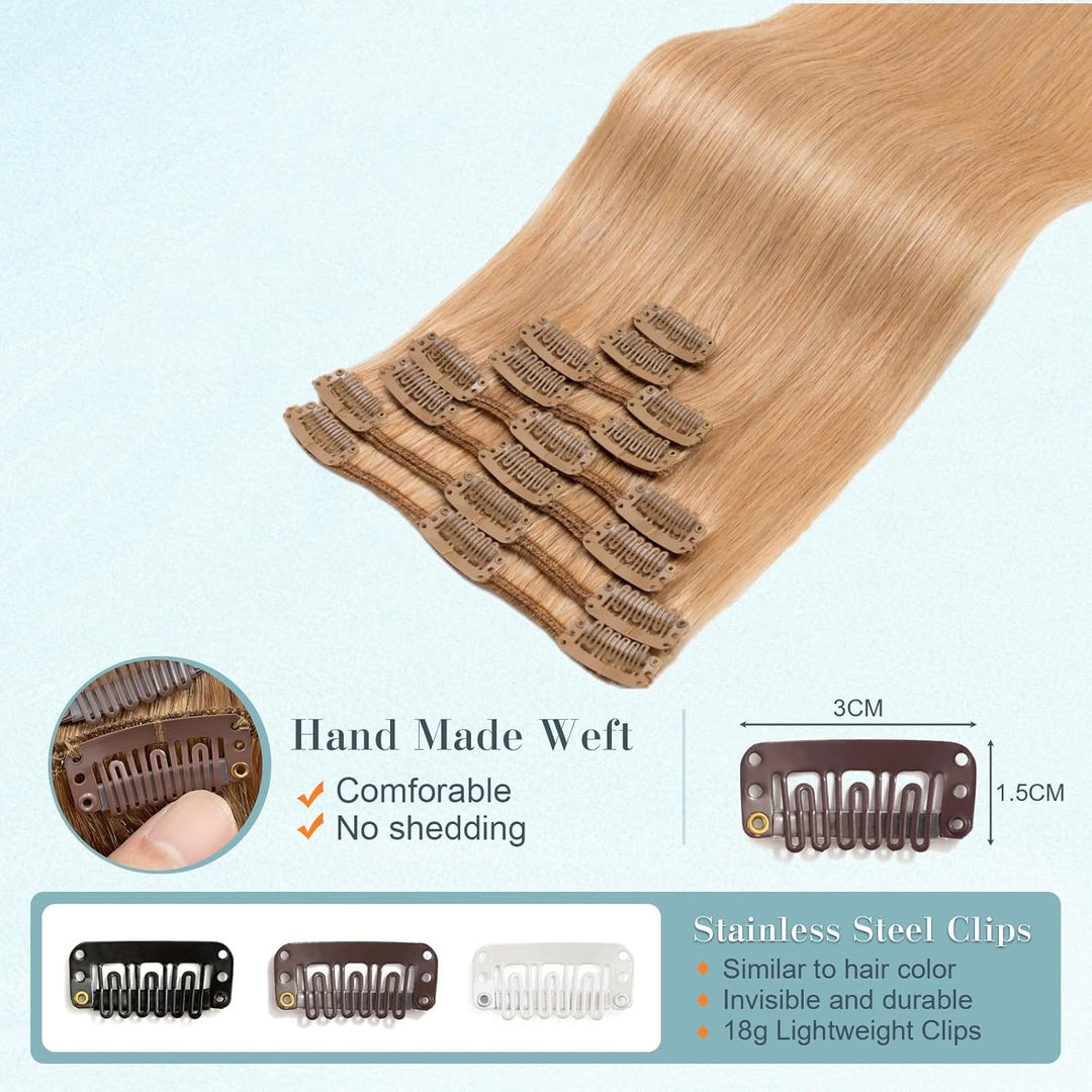 Benehair Clip in Extensions Echthaar, 8 Stück 100% Echtes Haar Extension 75g, Hellbraun Haarverlänge