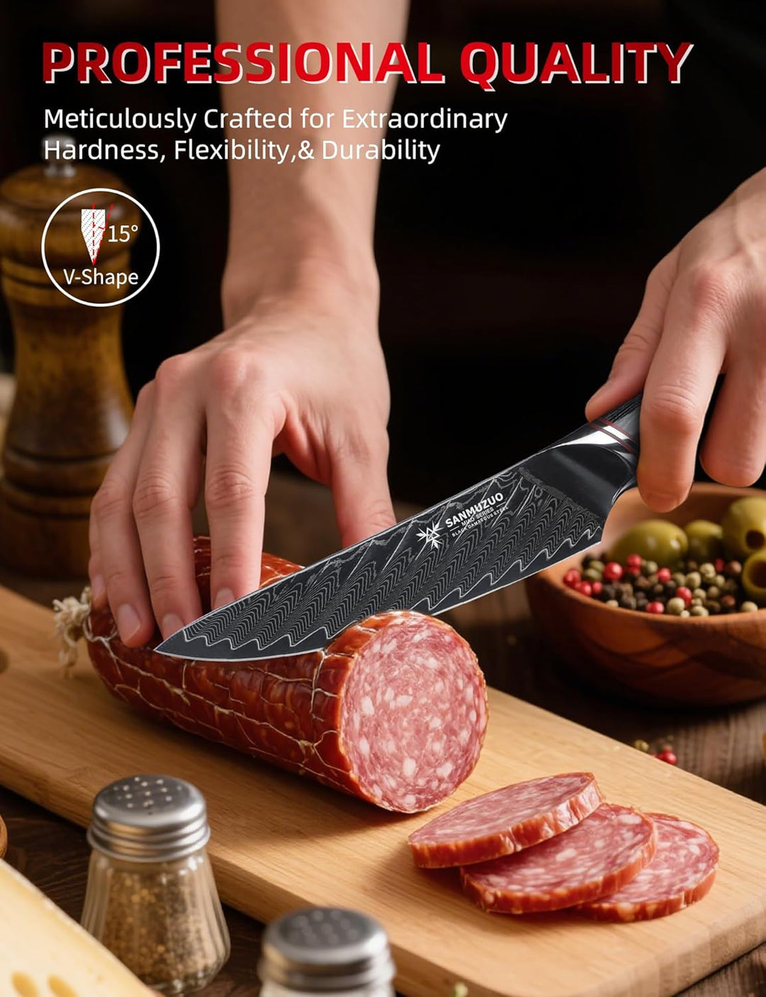 13 cm Allzweckmesser – Obst- und Gemüsemesser, schwarzer Damaststahl mit ergonomischem Griff – Miao