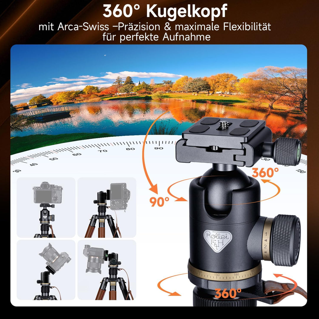Rollei Kamerastativ C6i Carbon Heritage 174cm mit 360° Kugelkopf Arca Swiss | Robustes Stativ Kamera