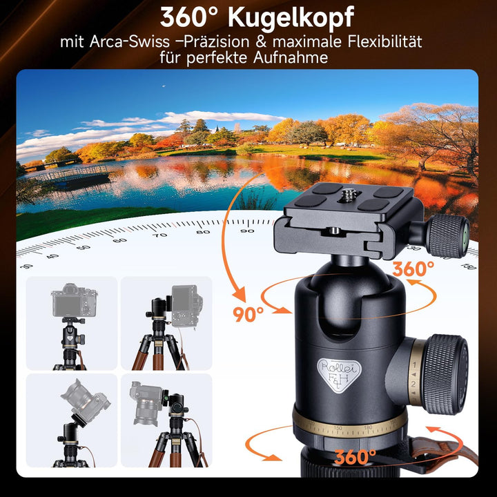 Rollei Kamerastativ C6i Carbon Heritage 174cm mit 360° Kugelkopf Arca Swiss | Robustes Stativ Kamera