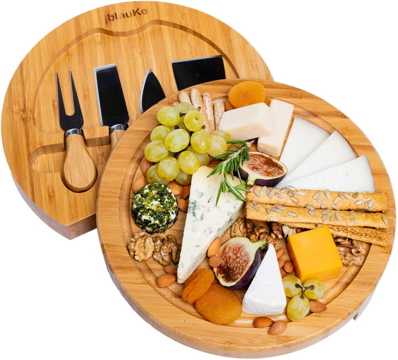 Bambus Käsebrett mit Käsemesser Set – 25cm Rund Servierplatte aus Holz für Käse und Häppchen – Chees