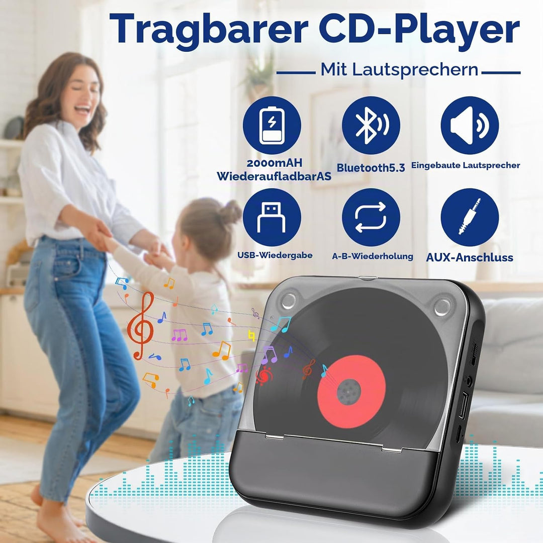 Tragbarer CD Player mit Bluetooth 5.3 - Kinder CD Spieler mit 2000mAh Akku, USB, MP3 Wiedergabe, AUX