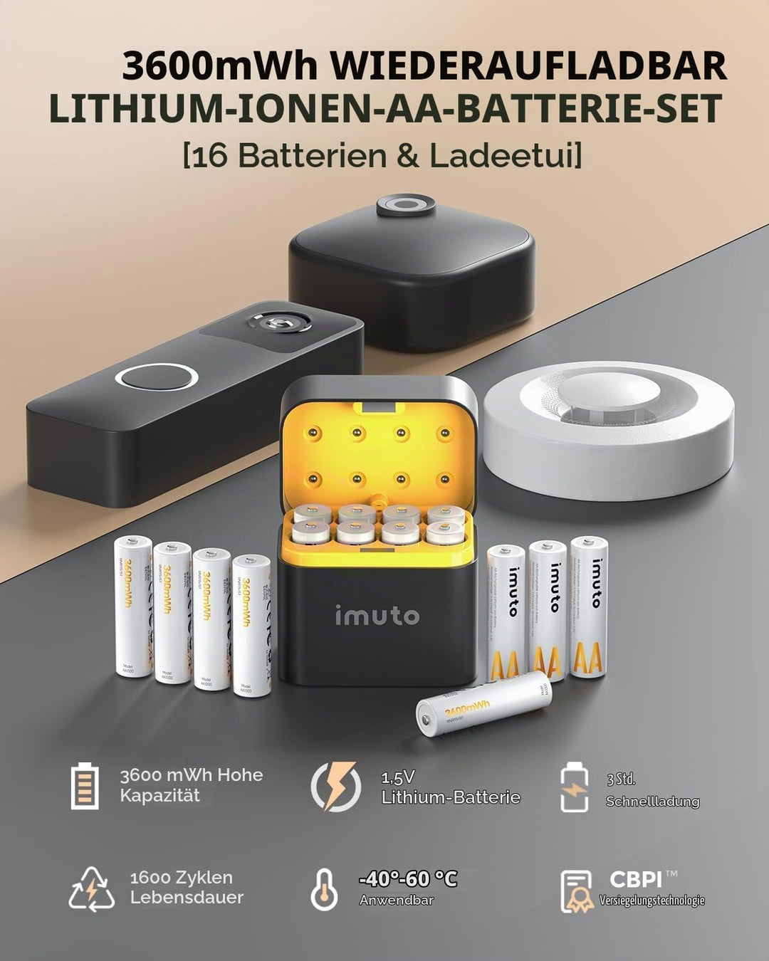 imuto 1.5V Batterie AA ricaricabili 3600mWh, Pile Ricaricabili AA Litio 1600 Cicli Con Display a LED