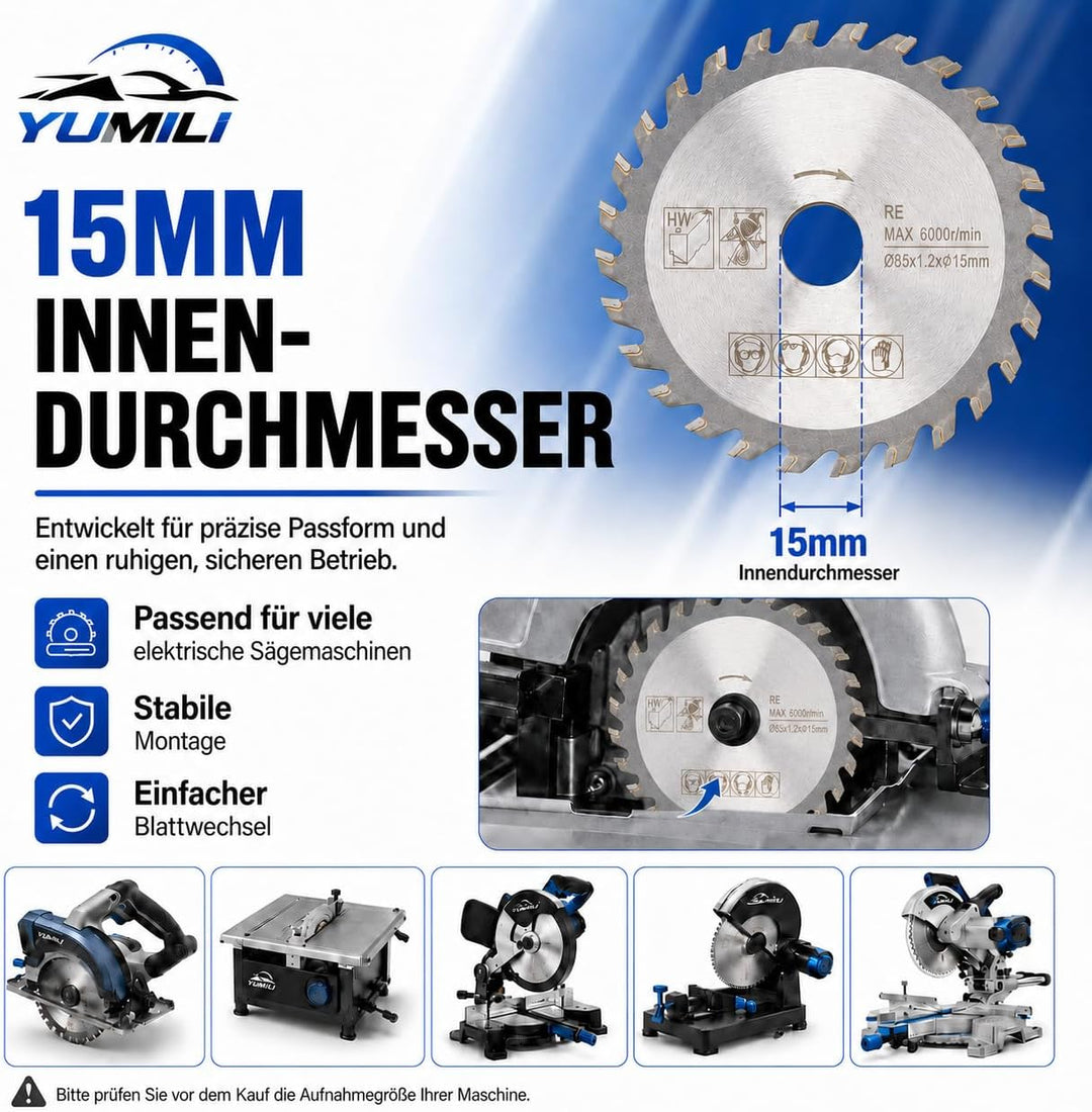 5 Stück 85 mm Hartmetall Sägeblatt, Innendurchmesser 15 mm Mini Hartmetall Kreissägeblatt für Schnei