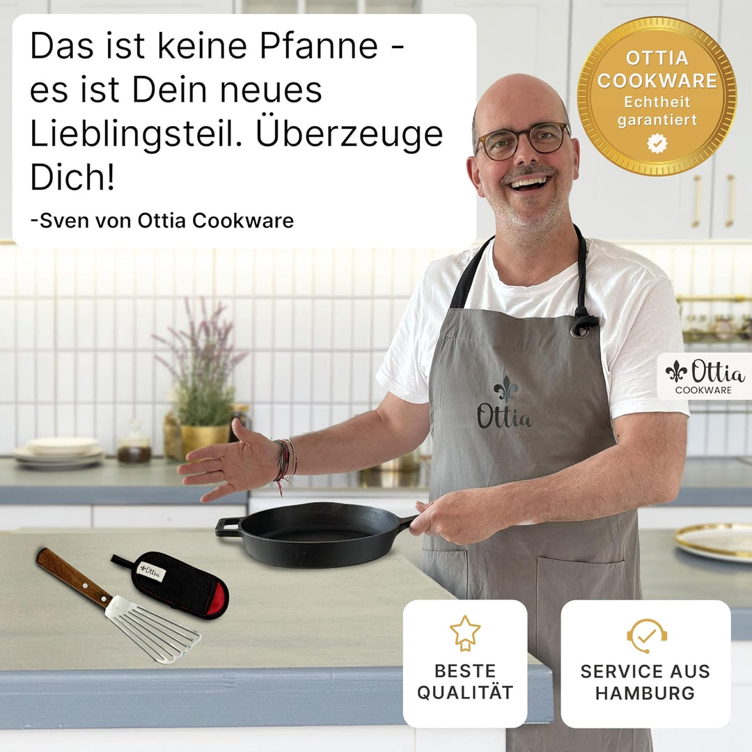 Ottia reine Gusseisenpfanne Induktion 24cm (ungeschliffen), mit eKochbuch, Pfannenwender, waschbarem