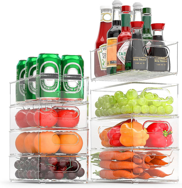 FINEW Kühlschrank Organizer 8er Set (4 Gross/4 Mittel Behälter), Stapelbare Speisekammer Vorratsbehä