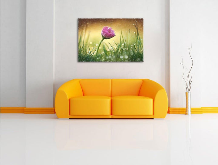 Pixxprint rosa Gänseblümchen im Gras Kunst Buntstift Effekt, Format: 100x70 auf Leinwand, 100x70